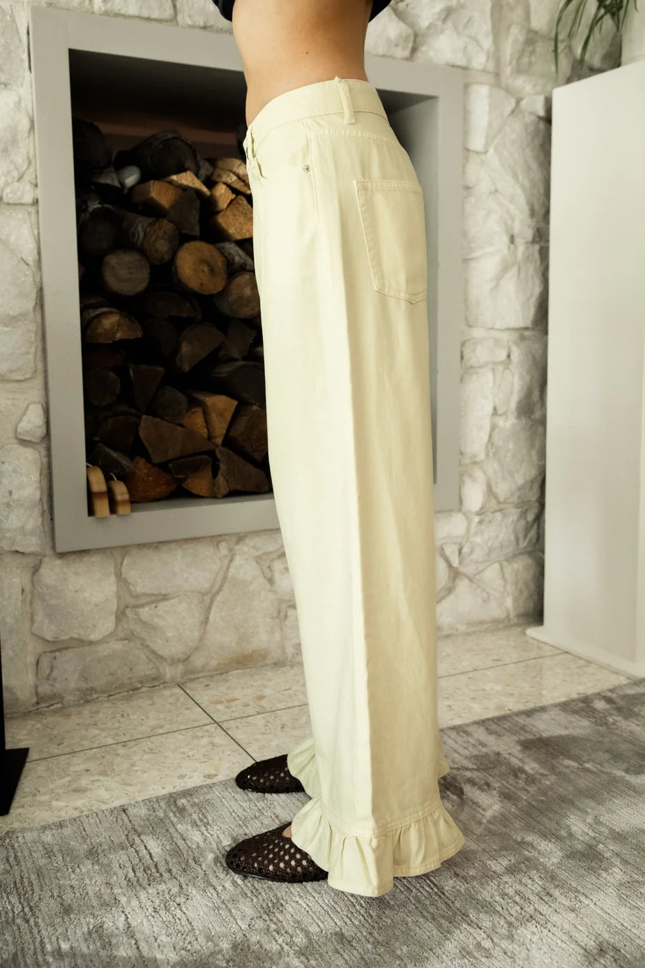 Ruffle Hem Mid‑Rise Wide Leg Denim Pants