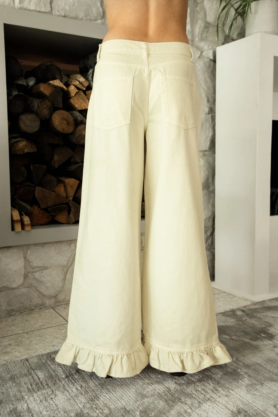 Ruffle Hem Mid‑Rise Wide Leg Denim Pants