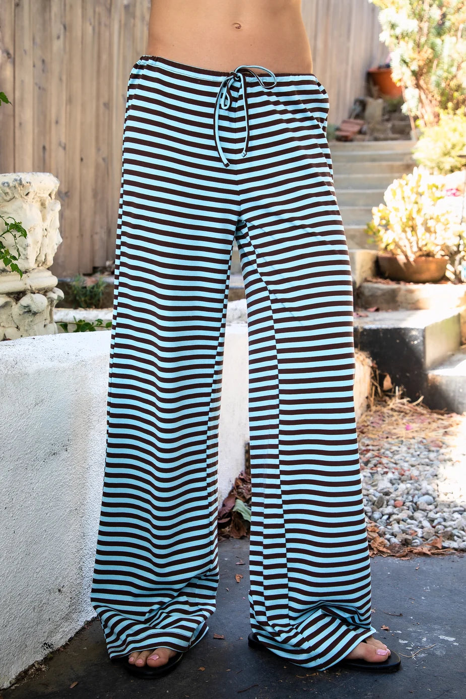 Striped Drawstring Mid‑Rise Wide Leg Lounge Pants