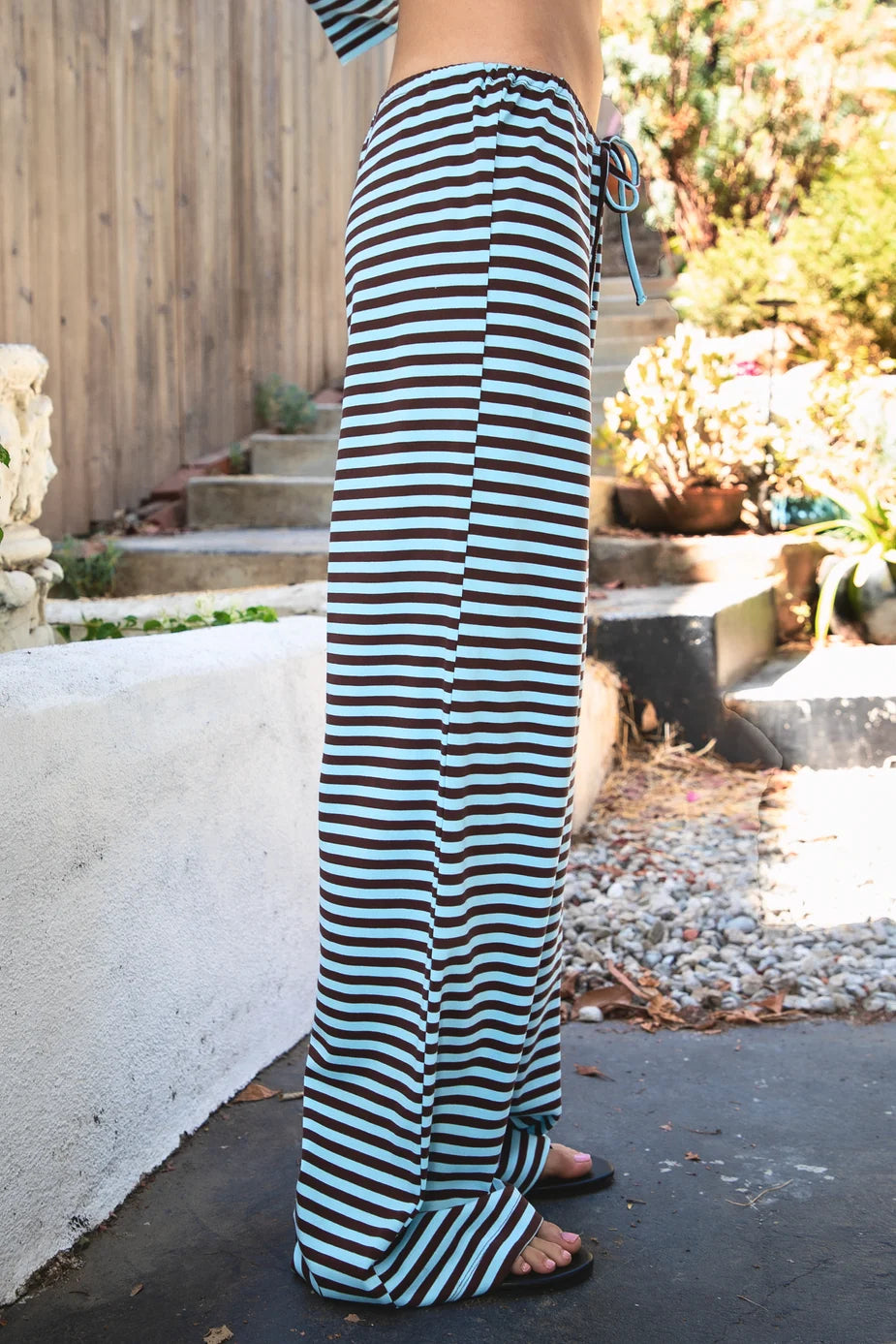 Striped Drawstring Mid‑Rise Wide Leg Lounge Pants
